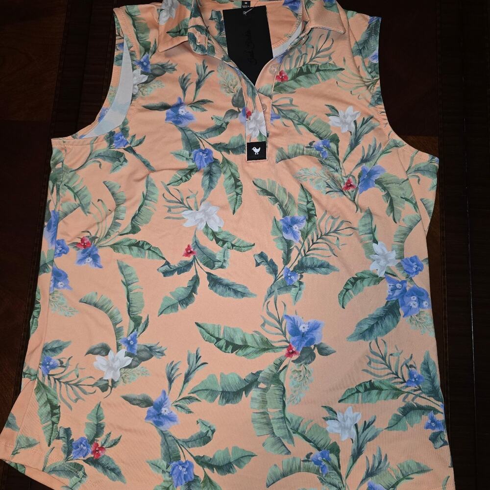 Women’s Bad Birdie Flora Fiesta Core Polo Sleeveless Golf Shirt Peach Size M